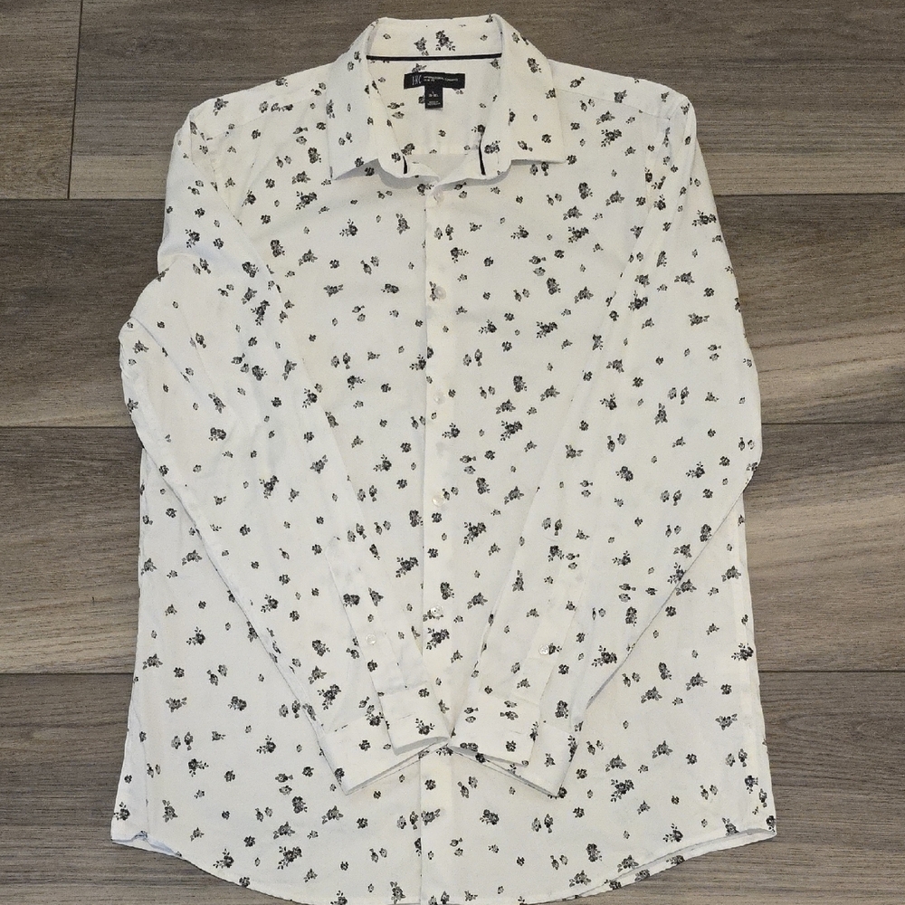 INC White Dress Shirt with Black Floral Pattern